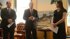 David Sparks, TVA Mississippi Energy Efficiency Manager; The University of Mississippi Chancellor Dan Jones; Karen Bishop, Mississippi Development Authority Energy Director. Photo by Kevin Bain/Ole Miss Communications