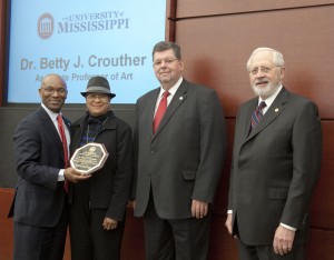 Trustee Shane Hooper, Dr. Betty J. Crouther, Associate Professor of Art, Dr. Morris Stocks, Provost, and Trustee Aubrey Patterson, President of the Board of Trustees.