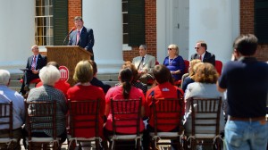 Morris Stocks (center), acting chancellor at the University of Mississippi, announces that the Gertrude C. Ford Foundation has agreed to increase its support for the university's new science building during a Friday (Sept. 4) event on the steps of the Lyceum. Also participating the announcement are Acting Provost Noel Wilkin (left) and Ford Foundation board members Anthony Papa, Cheryle Sims and John Lewis. Photo by Robert Jordan/Ole Miss Communications