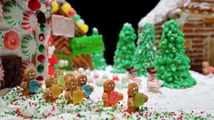 Tiny snowmen and gingerbread men with candy are featured in the Calhoun Academy's gingerbread village. 