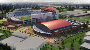 A rendering of Vaught-Hemingway Stadium shows a bowled-in North End Zone, currently under construction.