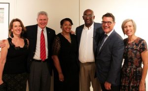 Attending the Sept. 11, 2014, annual members night featuring the exhibition 'Our Faith Affirmed: Works from the Gordon W. Bailey Collection' at the University Museum are, from left, Phil Swan's sister Sara Swan, then-Chancellor Dan Jones, Mike Edmonds' sister Judy Edmonds, Mike Edmonds, Phil Swan and Swan's sister Karen Steen.