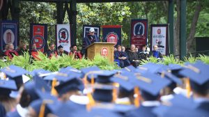 Suggested caption: Tom Brokaw delivers the 2016 Commencement address to more than 4,000 University of Mississippi graduates on Saturday, May 14. Photo by Thomas Graning/Ole Miss Communications