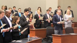 Incoming students in the UM School of Law take a professionalism oath at this year's orientation session for first-year students. UM photo by Jordan Thomas