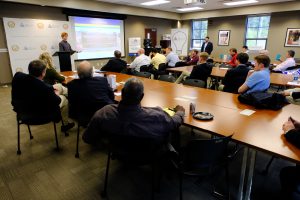 Lee Ingram gives his pitch for HigherLearning LLC at the Delta Regional Authority Delta Pitch competition at the UM Innovation Center at Insight Park. Ingram, a master's student in accountancy at Ole Miss, won a $40,000 Delta Entrepreneur Network fellowship and free airfare to a 2017 national meeting in New Orleans. Photo by Robert Jordan/Ole Miss Communications