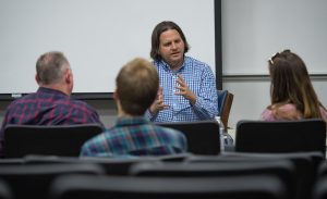 Josh Campbell, a professional storyteller with Spillit Memphis, recently helped each “Telling Oxford” participant create a short, compelling narrative about their experience with addiction and recovery at a recent on campus workshop. Photo by Robert Jordan/University Communications.