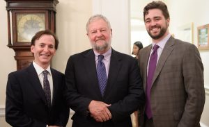 Bruce Levingston (left) and David Rockefeller Jr. chat with UM honors student Clay Wooley. Photo by Robert Jordan/Ole Miss Communications