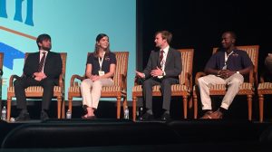 UM students Harleigh Huggins (second from left) and Joseph Reed (far right) answer questions following a presentation at the Southern Automotive Association annual meeting. (Submitted photo by Taylor Scism)