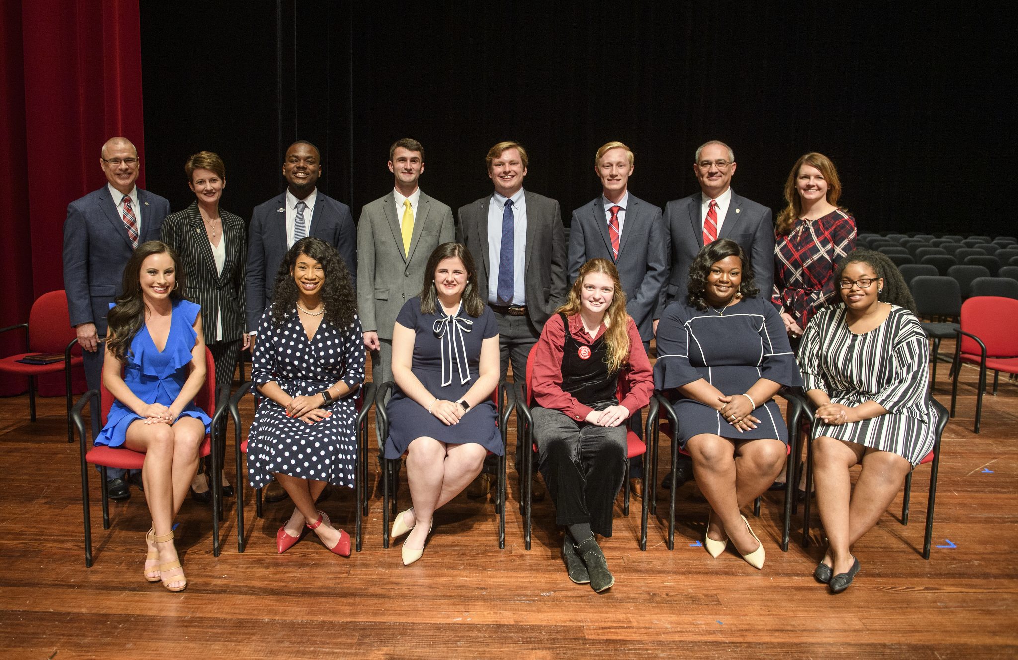 The 2019 University of Mississippi Hall of Fame. Pictured are (front row, from left) Blair Wortsmith, of Little Rock, Arkansas; Makala McNeil, of Grenada; Mallie Imbler, of Tupelo; Jaz Brisack, of Oxford; Skylyn Irby, of Batesville; Randon Hill, of Oxford; (top row from left) UM Provost Noel Wilkin; UM Vice Chancellor for Student Affairs Brandi Hephner LaBanc; Jarvis Benson, of Grenada; Levi Bevis, of Florence, Alabama; Elam Miller, of Murfreesboro, Tennessee; Jacob Ferguson, of Randolph; UM Interim Chancellor Larry Sparks and UM Assistant Vice Chancellor and Dean of Students Melinda Sutton Noss. Photo by Thomas Graning/Ole Miss Digital Imaging Services