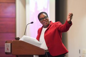 Natasha Gregoire, managing director of communications for FedEx Freight, delivered the keynote address during the first C3 Communications Summit at the University of Mississippi. The event brought together more than 100 professionals from across and beyond the Oxford campus. Photo by Kevin Bain, Ole Miss Digital Imaging Services