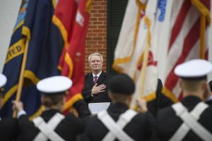 University of Mississippi Chancellor Glenn Boyce listens to the national anthem during his first pass in review as chancellor Thursday, Nov. 14, 2019. Photo by Thomas Graning/Ole Miss Digital Imaging Services 