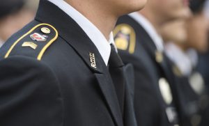Dozens of University of Mississippi ROTC cadets, midshipmen and Marines gathered in formation in front of the Lyceum Thursday, Nov. 14, 2019 for pass in review, a storied military tradition where the commanding officer inspects their troops. Photo by Thomas Graning/Ole Miss Digital Imaging Services 