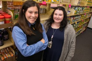 The UM Food Bank provides hundreds of meals, as well as hygiene products and more, each semester to students and employees in need. Helping make this happen are the Food Bank’s co-directors, from left, Holten Moreno, a senior business administration major, and Kate Reinhardt, a senior secondary mathematics education major. Photo by Kevin Bain/Ole Miss Digital Imaging Services.