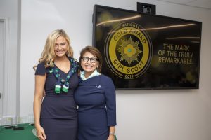 Vanlandingham, left, gets her photo taken with Sylvia Acevedo, Chief Executive Officer of Girl Scouts of the USA. Photo courtesy of Girl Scouts of the USA