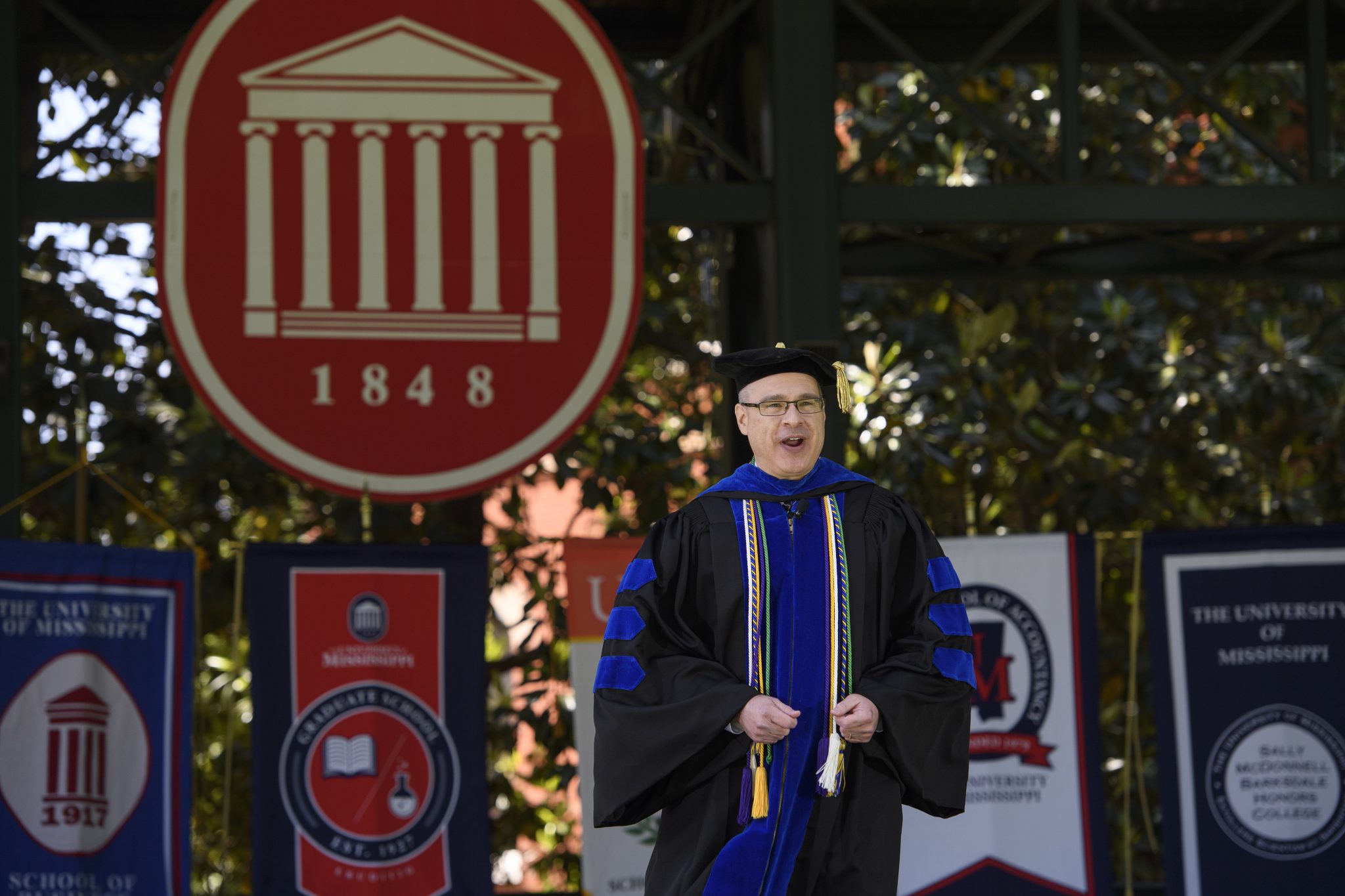 Noel Wilkin, provost and executive vice chancellor for academic affairs, participates in a live, virtual event Saturday (May 9) from the Grove stage to celebrate graduates in the Class of 2020. Photo by Thomas Graning/Ole Miss Digital Imaging Services