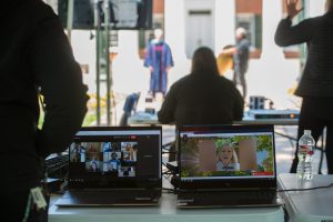 Crews work at the University of Mississippi to stream a live, virtual event Saturday to celebrate graduates in the Class of 2020. Photo by Kevin Bain/Ole Miss Digital Imaging Services.